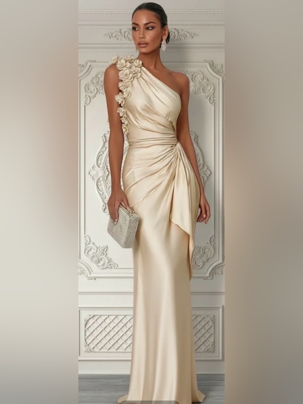 One-Shoulder Champagne Satin Evening Gown with Floral Accent #396 - Picture 2 of 13